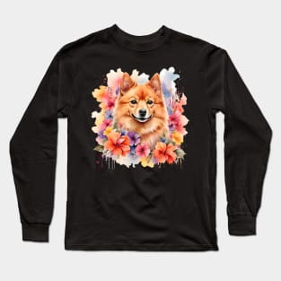 A finish spitz decorated with beautiful watercolor flowers Long Sleeve T-Shirt